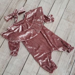 Pink boho velvet bodysuit with headband 6 months